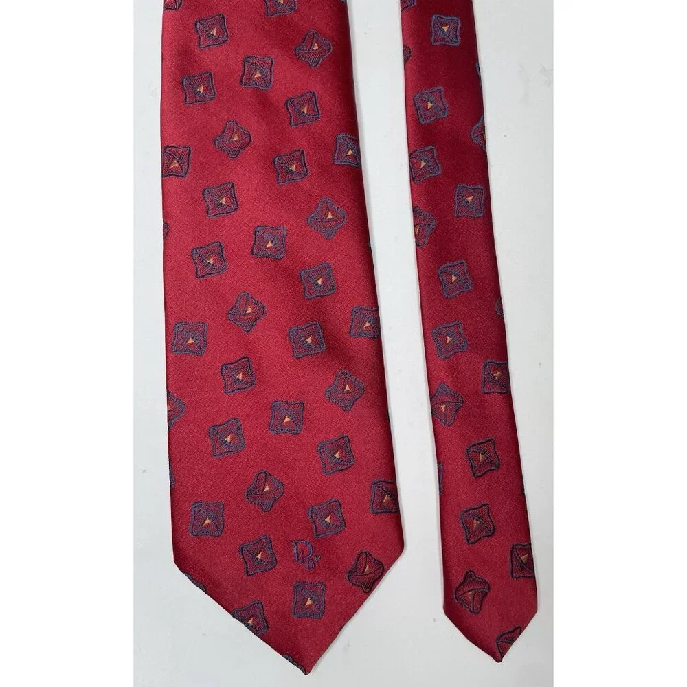 Vintage Dior Red Tie Abstract Floral Geometric Pattern 58”